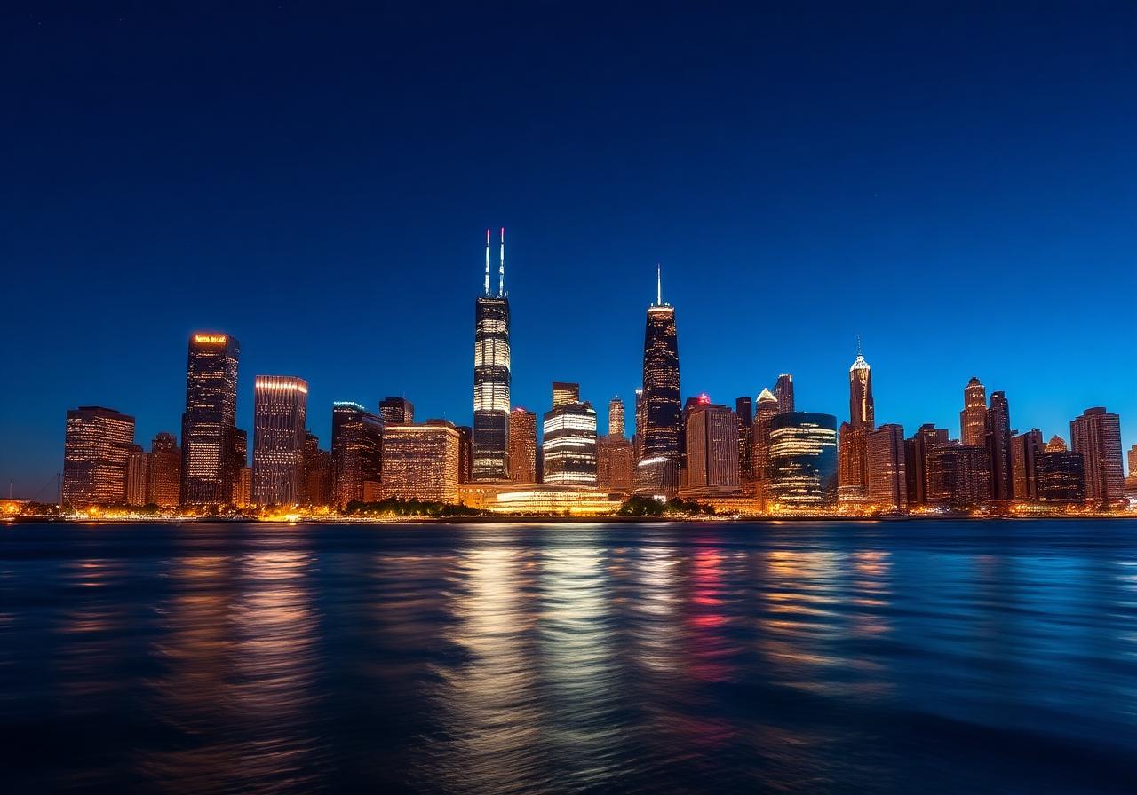 Chicago skyline glowing at twilight from Lake Michigan