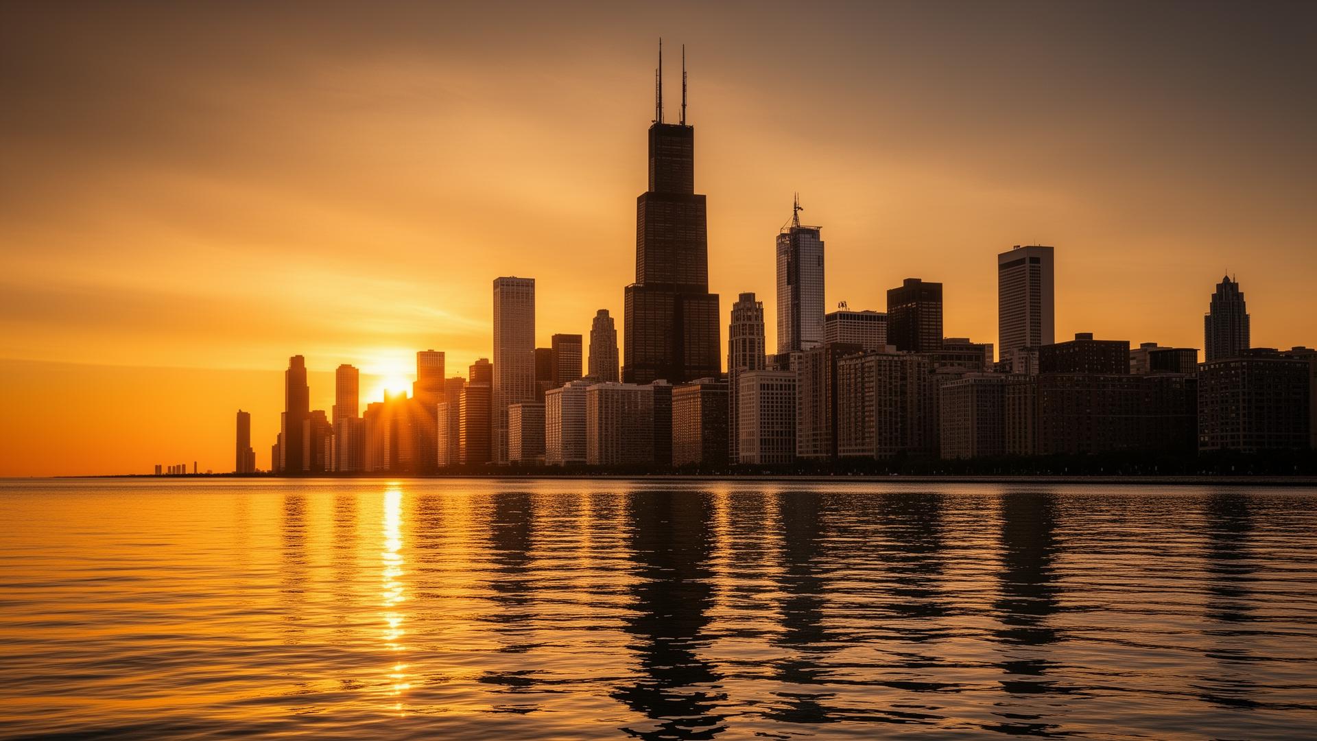 Chicago skyline at sunset over Lake Michigan