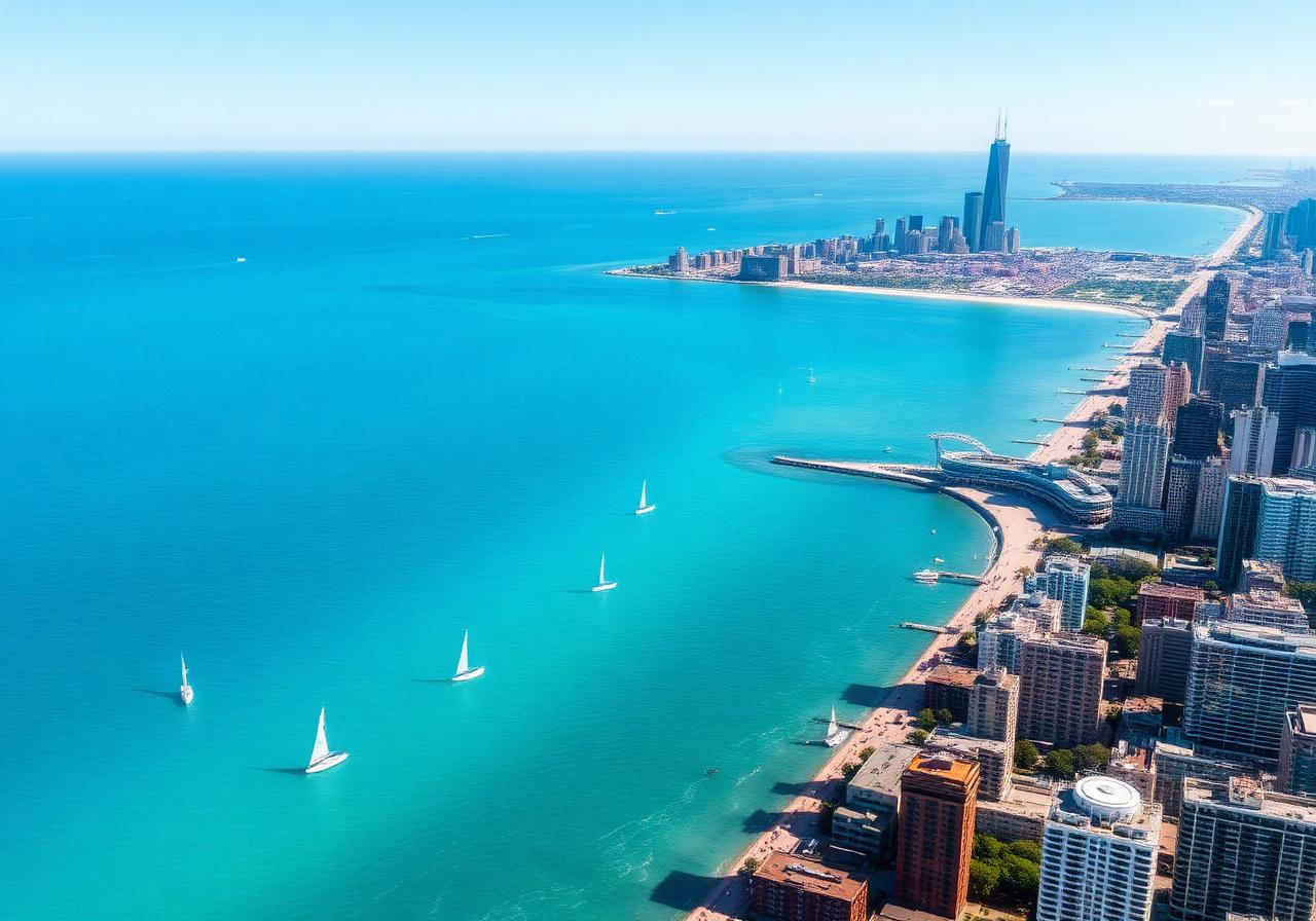 Aerial view of Lake Michigan and the Chicago lakefront